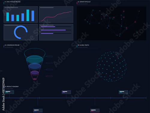 Ultimate SaaS Dark Mode Dark Mode UI Kit: Admin Dashboard, Server Map, Globe, Funnel & Roadmap Vector Bundle