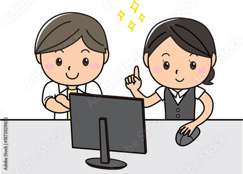 パソコン作業中にひらめく男女｜業務改善・アイデア共有のイラスト