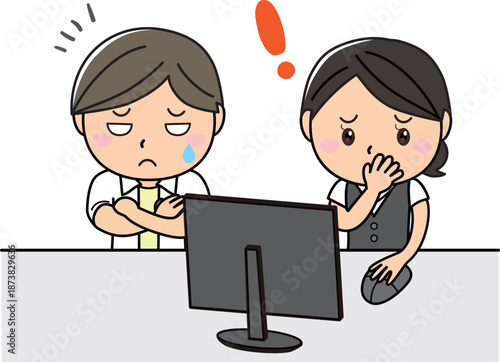 パソコン作業中のミスに気づく男女｜業務トラブル・エラーのイラスト