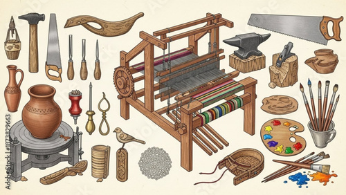Collection of antique crafting tools and equipment including a loom pottery wheel and art supplies for historical or creative proje