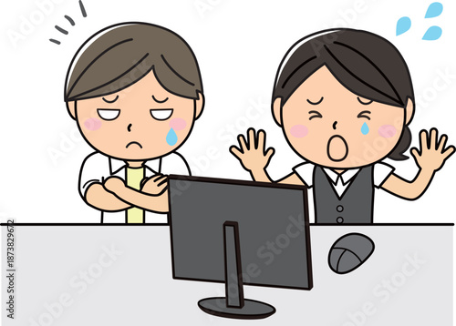 パソコン前で混乱する男女｜クレーム対応・業務混乱のイラスト