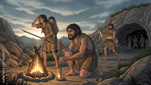 Prehistoric family gathered around a campfire hunting and gathering in a cave dwelling early human civilization concept