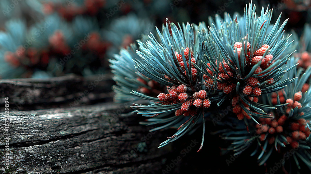 Fototapeta premium Close-up of blue pine needles with red cones on a log.