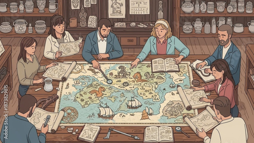 Diverse group of people gathered around a large fantasy map planning an adventure detailed illustration for tabletop RPGs