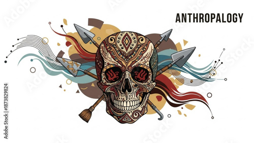 Ornate skull with tribal patterns crossed spears and abstract colorful elements concept for anthropology or Day of the Dead
