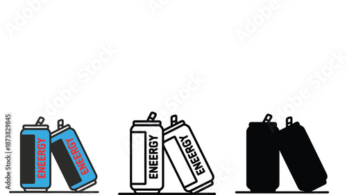 An illustration of energy drink cans in different colors and styles
