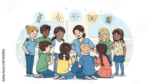 Teacher interacting with diverse children discussing science and nature illustration for education and learning