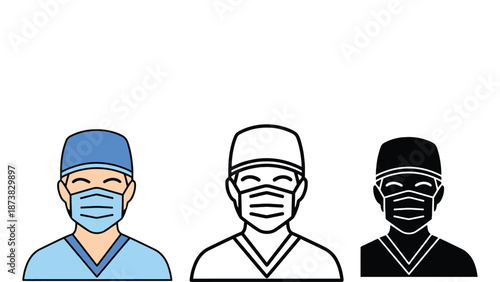 Three medical professionals wearing masks and scrubs in different colors