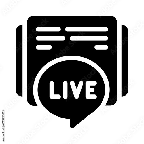 Newspaper live icon with live in speech bubble. Suitable for news apps, social media posts, journalism websites, and blogs.
