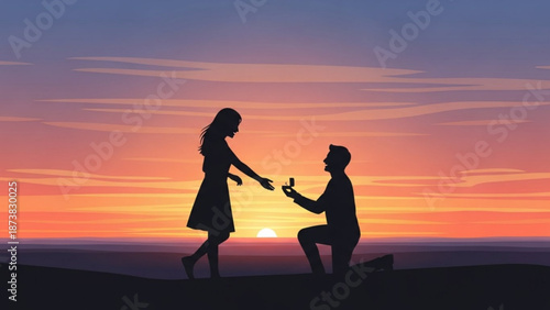 Man Proposing to Woman on One Knee at Sunset with Ring