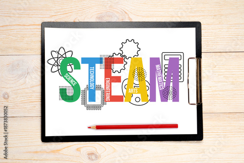 STEAM - science technology engineering arts mathematics, education concept, colorful letters on clipboard