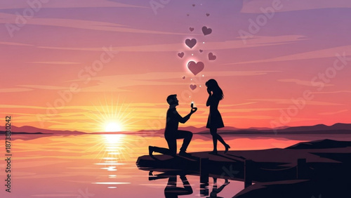 Man Proposing to Woman on Dock at Sunset with Falling Hearts