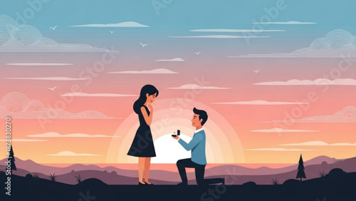 Man Proposing to Woman on One Knee during Sunset