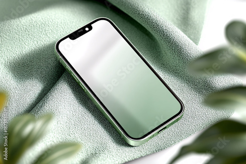 Sleek smartphone mockup with white display for mobile app ui ux design and product presentation use case, surrounded by soft green tones and plants