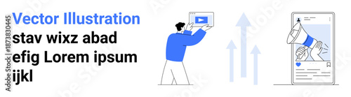 Person holding video screen, mobile device with megaphone for social sharing, upward arrows indicating growth. Ideal for marketing, branding, promotion, business, content creation, social engagement