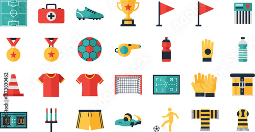 Soccer and Football Equipment Icon Set with Field, Trophy, Uniforms, Referee Tools, and Training Accessories