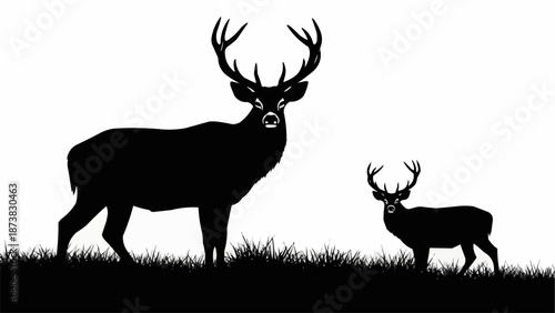 Two Deer Silhouettes Standing in Grass.