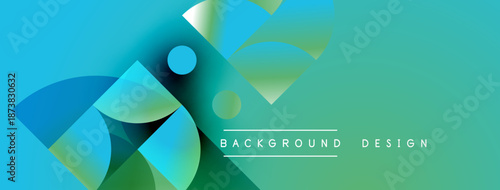 Abstract geometric shapes blend vibrant turquoise, teal hues. Modern design evokes fluidity, dynamism. Background features text elements.