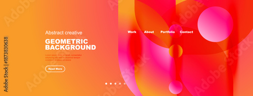 Bright abstract geometric background. Vivid orange, yellow, pink hues blend. Website header design with text elements, navigation.