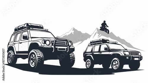 Off road vehicles and motorcycle rider in mountains.