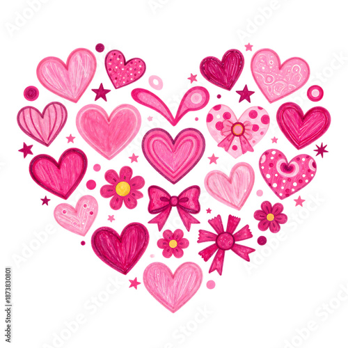 Pink hearts flowers and bows on transparent background