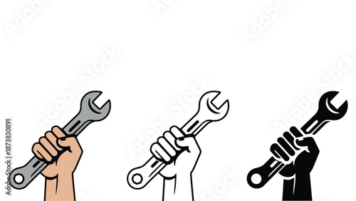 Three hands holding adjustable wrenches in different colors and styles