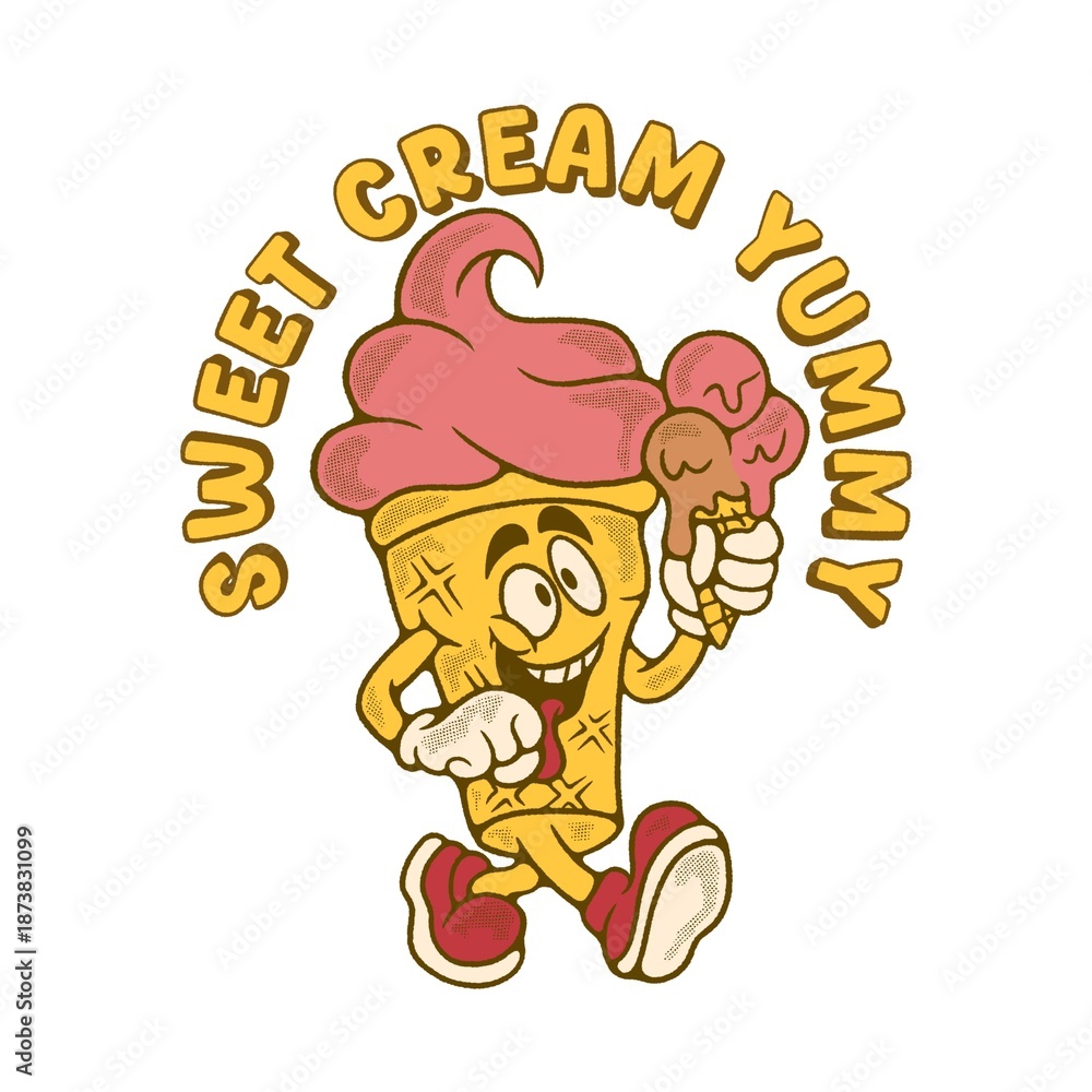Fototapeta premium SWEET CREAM YUMMY with lazy ice cream cone cartoon character vintage illustration design 
