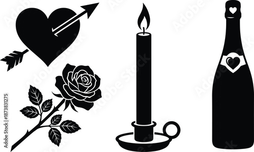 Black romantic love icons set with heart arrow rose candle champagne bottle valentine wedding symbols isolated vector design