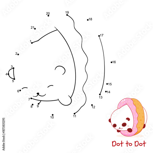Connect The Dots and Draw Cute panda with donut. Dot to dot puzzle - cartoon little panda. Educational Game for Kids. Drawing for Preschool children. Vector Illustration EPS8