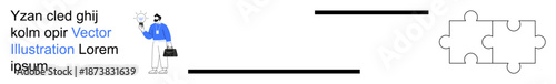Problem-solving, teamwork, strategy, decision-making, career planning, business solutions. A business professional with a briefcase faces puzzle pieces. Problem-solving and teamwork concepts