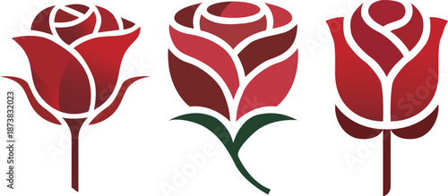 Stylized Red Rose Flower Vector Icon Set.