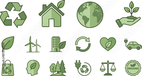 Eco sustainability and green lifestyle icons set, recycling renewable energy, electric mobility, environmental protection, organic living, flat vector illustration