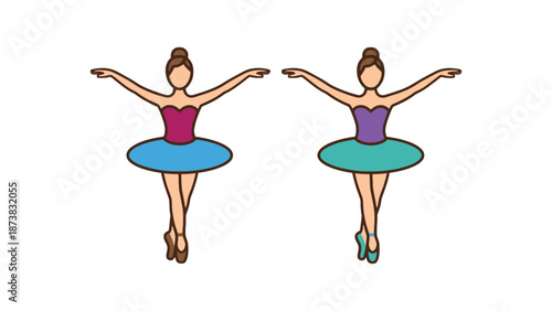 Two cartoon ballerinas dancing in colorful tutus on white background