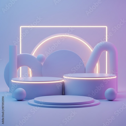 Abstract 3D geometric podiums with neon