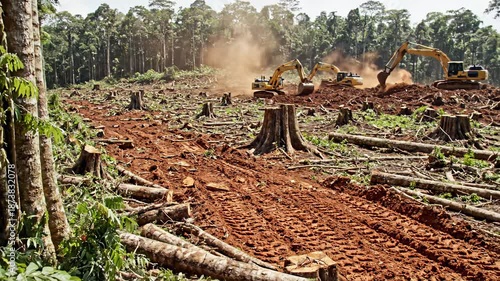 Woman observes a deforested rainforest area. Heavy machinery operates in the dusty background. This portrays environmental destruction and habitat loss.