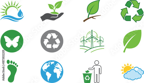 Eco sustainability and nature icons set, recycling renewable energy, environmental protection, green lifestyle, climate awareness, clean planet, flat vector illustration