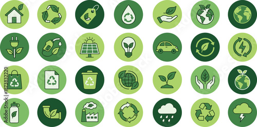 Eco sustainability icons set, green energy recycling symbols, renewable resources, environmental protection, clean technology, climate friendly lifestyle, flat vector illustration