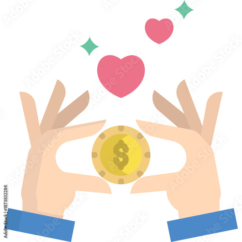 Hands offering coin with hearts and sparkles