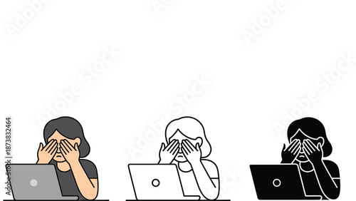 A woman covering her face while sitting at a laptop computer in different color variations