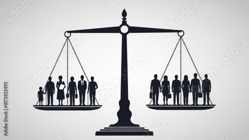 Scales of justice balancing diverse groups of people symbolizing equality and fairness in society vector illustration