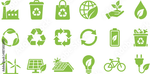 Green eco sustainability icons set, recycling renewable energy, solar wind power, clean technology, environmental protection, eco friendly lifestyle, flat vector design
