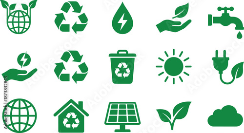 Green eco sustainability icons set, renewable energy recycling, water conservation, solar power, environmental protection, clean technology, flat vector design