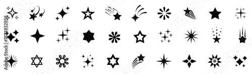 BIg set of Sparkle and Star icons. Twinkling stars. Sparkles, shining burst. mega black set of star and sparkle icons . Star icon collection. Different star shapes. Vector illustration