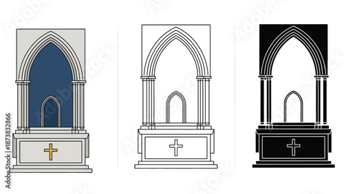 Three different colored illustrations of a church altar with arches and crosses