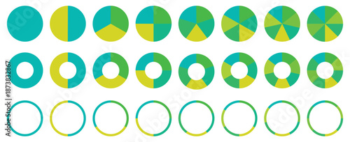 Pie chart color icons. Segment slice sign. Circle section graph. 1,2,3,4,5,6,7,8 segment infographic.  UI, web design, business presentation. Vector illustration.