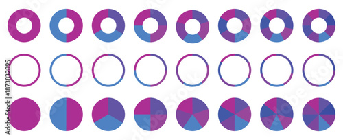 Pie charts diagrams. Set of different color circles isolated. Infographic element round shape. Flat process cycle. Progress sectors. Vector illustration.