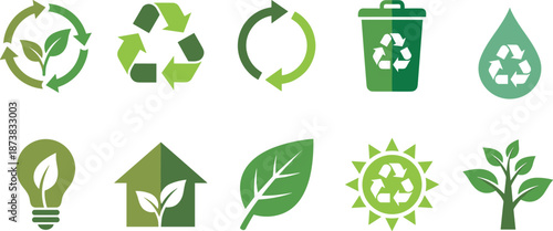 Recycling and eco sustainability icons set, green energy environment symbols, renewable resources, waste management, ecology concept, flat vector design