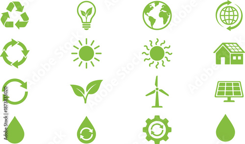 Green energy and recycling icons set, eco sustainability symbols, renewable resources, solar wind power, environmental protection, flat vector illustration
