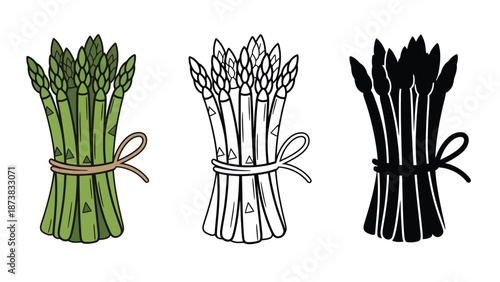 A colorful illustration of three bunches of asparagus in different styles