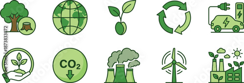 Eco friendly sustainability icons set, renewable energy recycling, green technology, climate change, environmental protection, vector illustration, for business web design